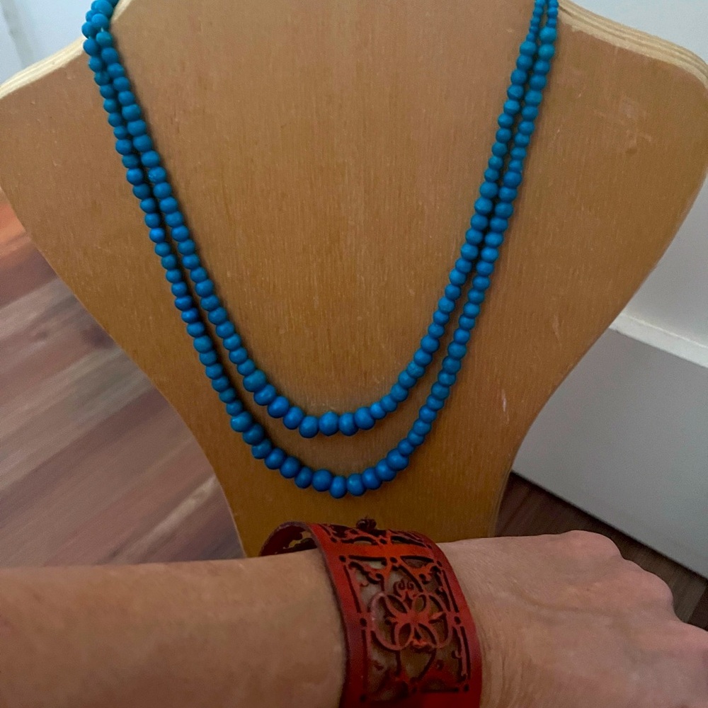 Blue Beaded natural stone double Necklace & leather cuff